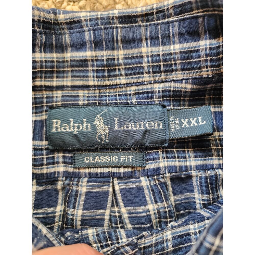 Ralph Lauren Mens XXL Blue Plaid Classic Fit Linen -Cotton Blend Button Down - Picture 3 of 8